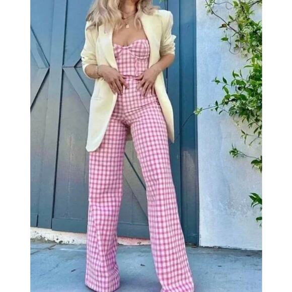 ZARA Full Length Gingham Plaid Wide Leg Pants High Rise Trouser Pink/ White - Picture 12 of 12